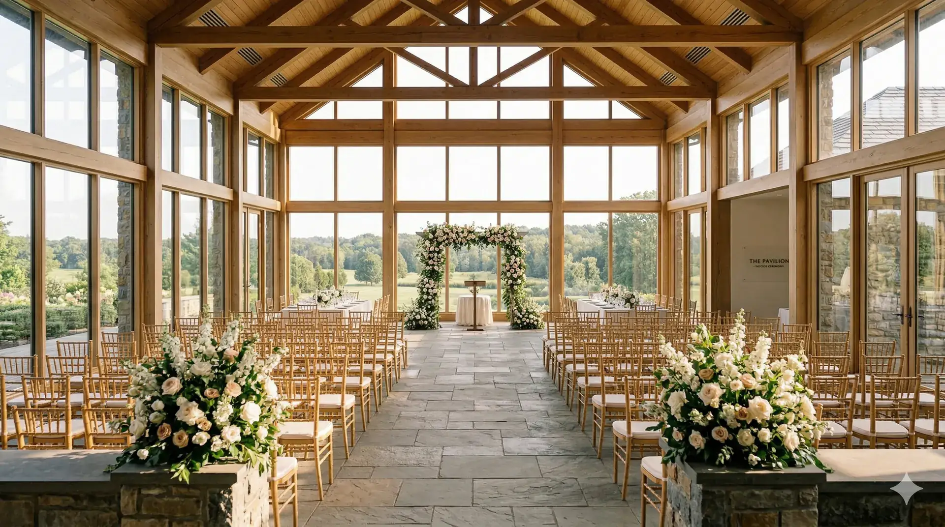 A ceremony hall set for a wedding at a wedding venue